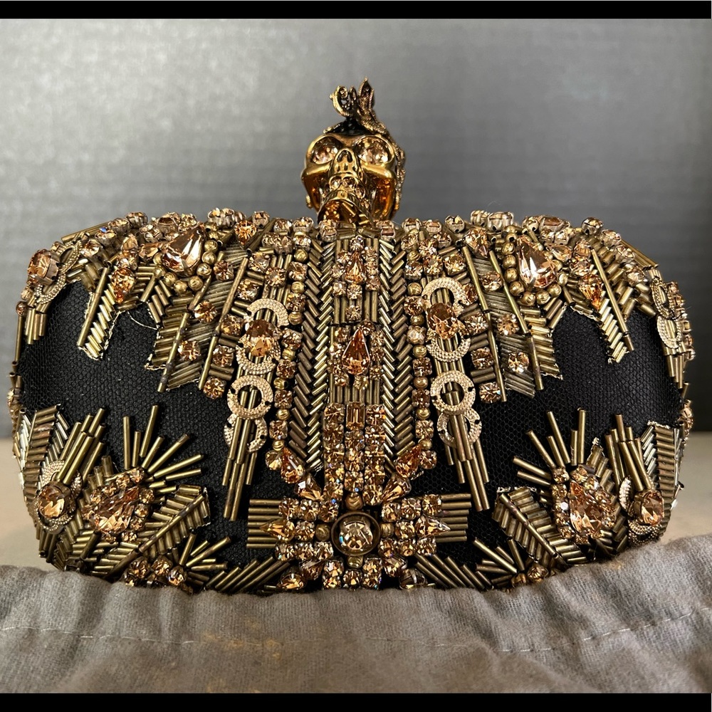 PRE FALL SALE Alexander McQueen Crystal-Embroidered Black Gold Skull Clutch